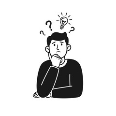 Man confused and thinking with question marks floating above – Vector Illustration