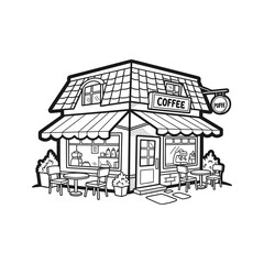 Rustic coffee shop storefront with outdoor seating and awning – Vector Illustration