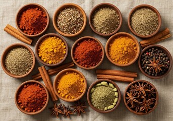 Aromatic Spices in Wooden Bowls on Linen Fabric