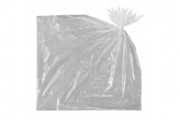 Translucent plastic bag knotted tightly, empty and pliable, ready for multiple applications, floating against clean background