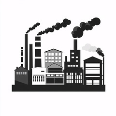 Obraz premium Black and white illustration of industrial buildings with smokestacks emitting pollution in urban factory scene 