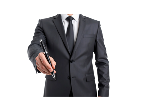 Closeup of a Mans Hand Extending a Black Ballpoint Pen in a Formal Suit.