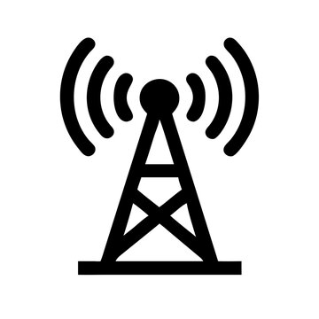Black icon of a broadcast tower emitting signal waves, representing radio transmission, wireless communication, or media broadcasting.
