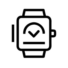 Black line icon of a smartwatch displaying a checkmark, representing wearable tech, task completion, fitness tracking, or smart notifications.
