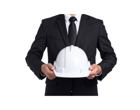 Man in Black Suit Carefully Holding a White Hard Hat.