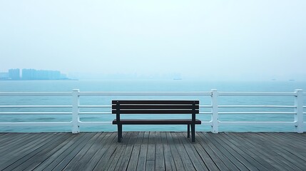 Wooden bench on pier overlooking hazy cityscape and ocean view in muted tones