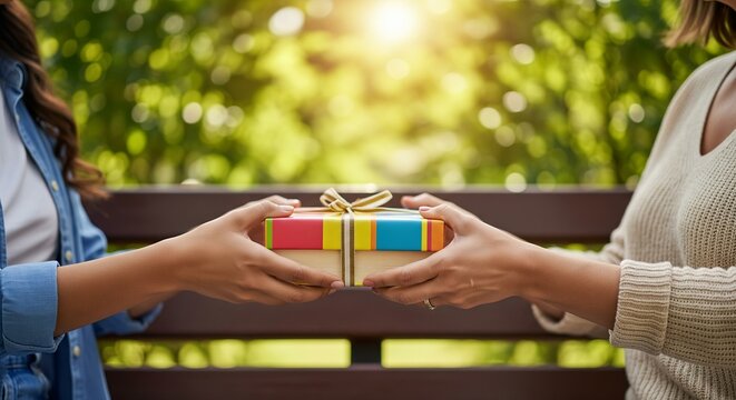 A photorealistic close-up of two female friends exchanging a wrapped book as a gift while sitting on a park bench in the sun.