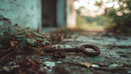 Rusty key on weathered ground near an old building