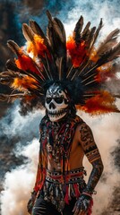 Fototapeta premium Mystical Mayan Skull Mask Dancer in Smoke and Feathers