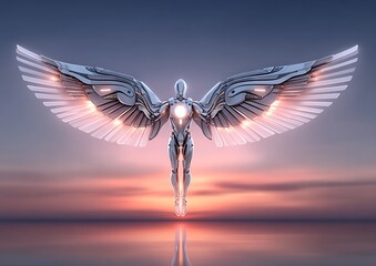 Futuristic angel figure against sunset
