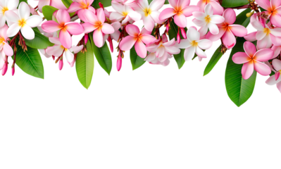Plumeria border frame, pink and white plumeria flowers with green leaves isolated on a transparent background