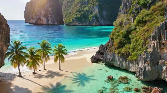 Aerial view of a tropical beach with palm trees and turquoise water hd video , 4k video , mp4