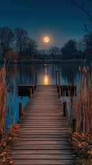 Obraz premium Serene Moonlit Night at the Lake Wooden Dock Leading to Tranquility
