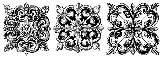 PNG Intricate vintage floral patterns, element set on transparent background