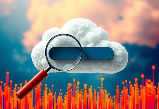 Cloud with magnifying glass, search bar, and data points symbolizing database search,  data visualization,  graphic design