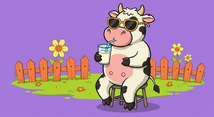Naklejka premium Cartoon cow drinking milk