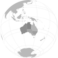 World vector map with Australia level 1 administrative boundaries and graticules (Australia-centered and highlighted view, orthographic projection, PPT-compatible & fully editable)	