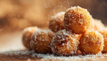 Golden coconut balls, piled high