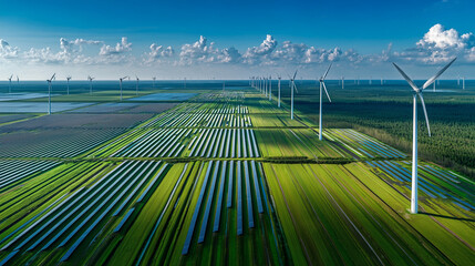 A field of solar panels and wind turbines under clear skies. Symbolizes clean energy, sustainability, and modern renewable power technology.