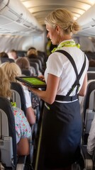 Flight attendant assisting passengers