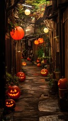 Obraz premium Enchanting Halloween Night in a Cobblestone Alleyway