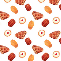 French Mini Pastries Seamless Pattern – Watercolor Canelé, Madeleine and Tartlets