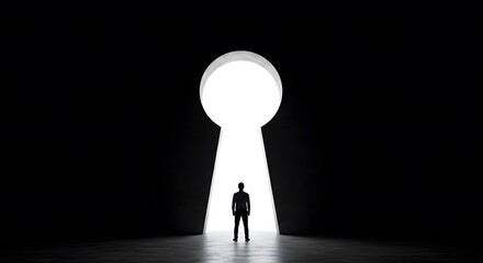Man Standing in Front of Keyhole – Silhouette with Light Streaming Through, Symbolizing Mystery and Opportunity