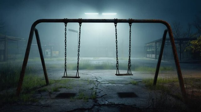 swing on the playground in night automatic move ,horror concept