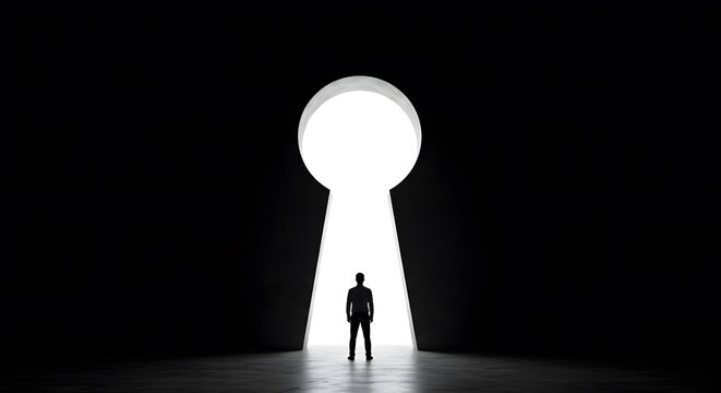 Man Standing in Front of Keyhole – Silhouette with Light Streaming Through, Symbolizing Mystery and Opportunity