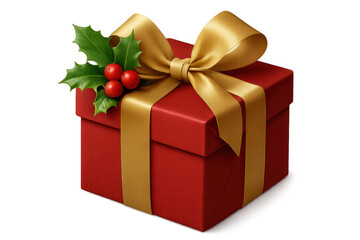 Obraz premium Christmas gift box featuring golden ribbon, adorned with holly berries, resting on transparent surface, elegant holiday packaging design