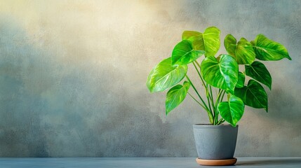 A vibrant green plant sits in a gray pot against a textured gray wall. Warm lighting creates a calm and serene atmosphere.