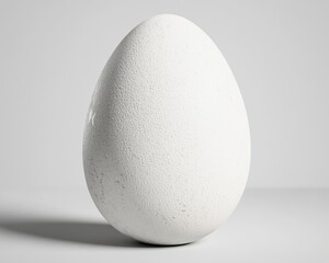 Close up view of a single white egg with a slightly textured surface against a plain white background. Soft, diffused lighting creates a subtle shadow.