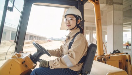 Close-Up of a Young Female Operator Controlling Machinery at a Construction Site. Heavy Equipment Operator. Woman in Construction.