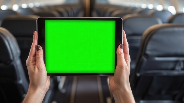 Tablet computer with green screen in airplane