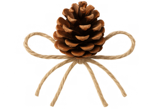 Studio shot of a pine cone tied with jute twine, isolated on a transparent background, perfect for christmas or nature-themed projects