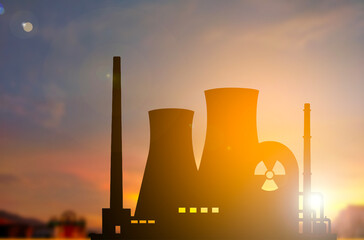 Nuclear Power Plant Silhouette at Sunset Time