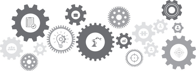Business mechanism concept. Business process automation with gear icons, robotics, artificial intelligence, and management symbols for industrial efficiency and innovation.