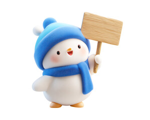 3D render of a cute, happy snowman with a blue scarf and hat, holding a wooden sign isolated on a transparent background