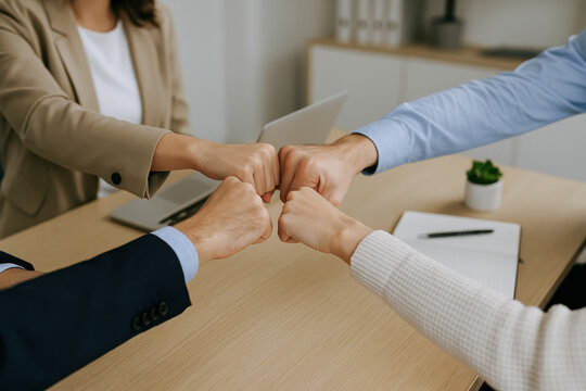 Four colleagues in contemporary corporate office showing leadership with high communication and brainstorm development by fist bumping as adviser and businesswoman copy
