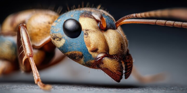 Close-up of an ant with intricate patterns.