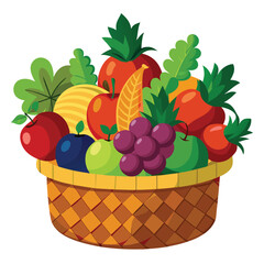 Colorful fruit basket with apples grapes and leaves vector design