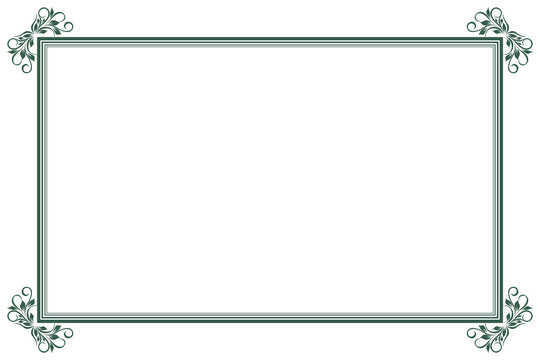 Elements of ornate vintage frames. Border green on white classic calligraphy swirls, floral motifs. Design print for greeting cards, wedding invitations, restaurant menu, royal certificates. Set 359