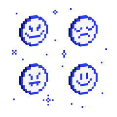 Set of 3d pixel emoji. Isometric 8 bit smiley. Various emotions in a voluminous 8-bit style. Brutalism design, y2k aesthetics. Vector Illustration