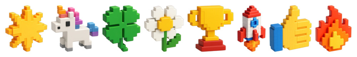 Obraz na płótnie Canvas PNG Colorful pixel art icons, element set on transparent background