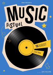 Music festival poster template design. Retro vinyl record maximalist style on blue background