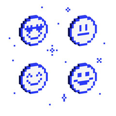 Set of 3d pixel emoji. 3d pixelated smiley. Various emotions in a voluminous 8-bit style. Isometric 8 bit emoji. Vector Illustration