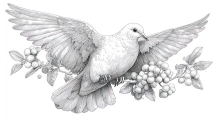 Obraz premium A dove in flight, perched on a branch with berries