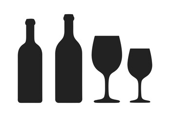 Two black silhouette wine bottles and two wine glasses on a white background