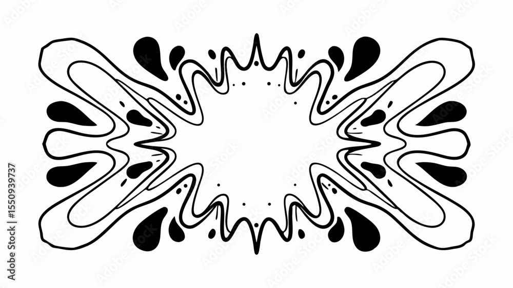 Poster abstract black and white symmetrical design with curved lines and teardrop shapes forming a border c