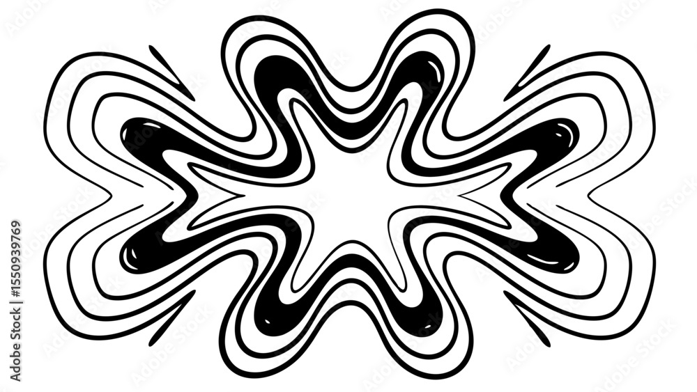 Poster black and white abstract design with wavy lines creating a symmetrical star like shape in the center